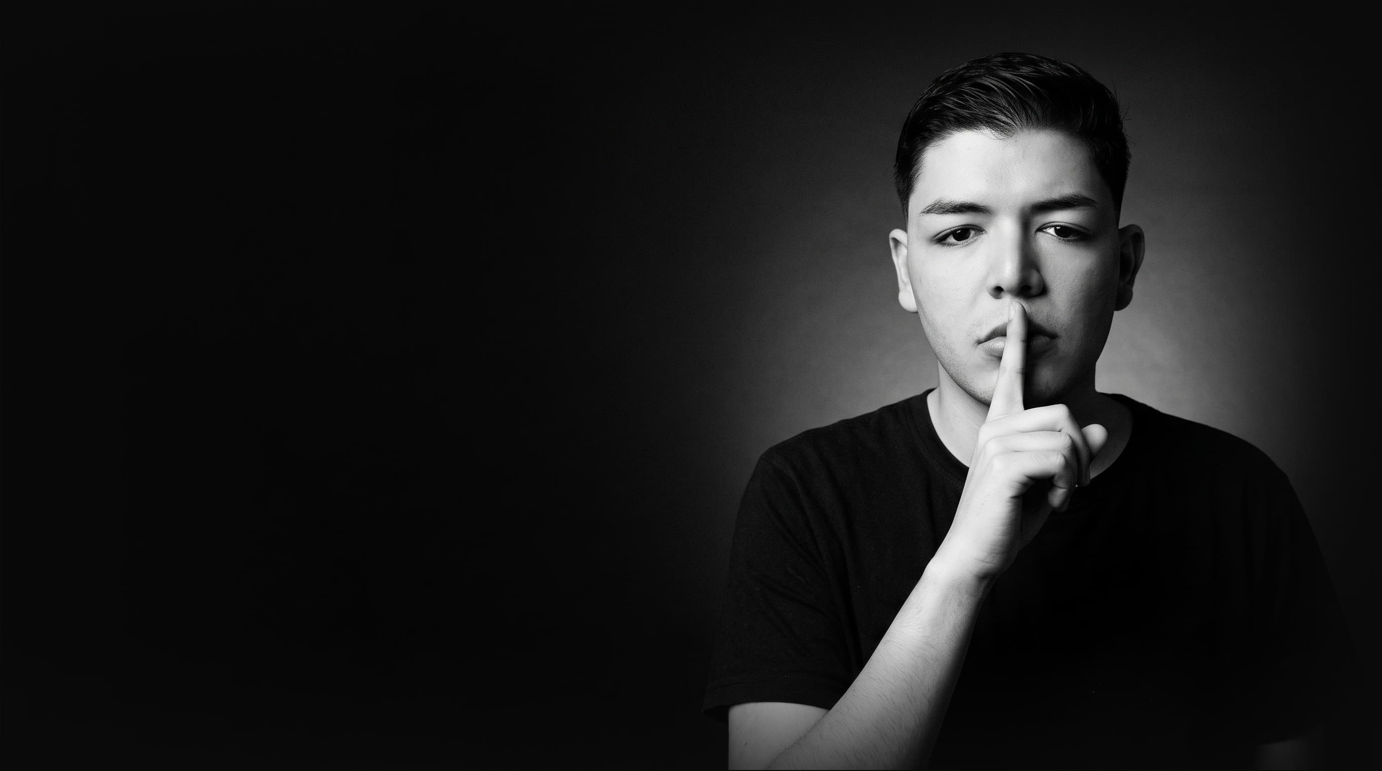 David Zapata in black and white, looking straight at the camera with a finger on his lips.