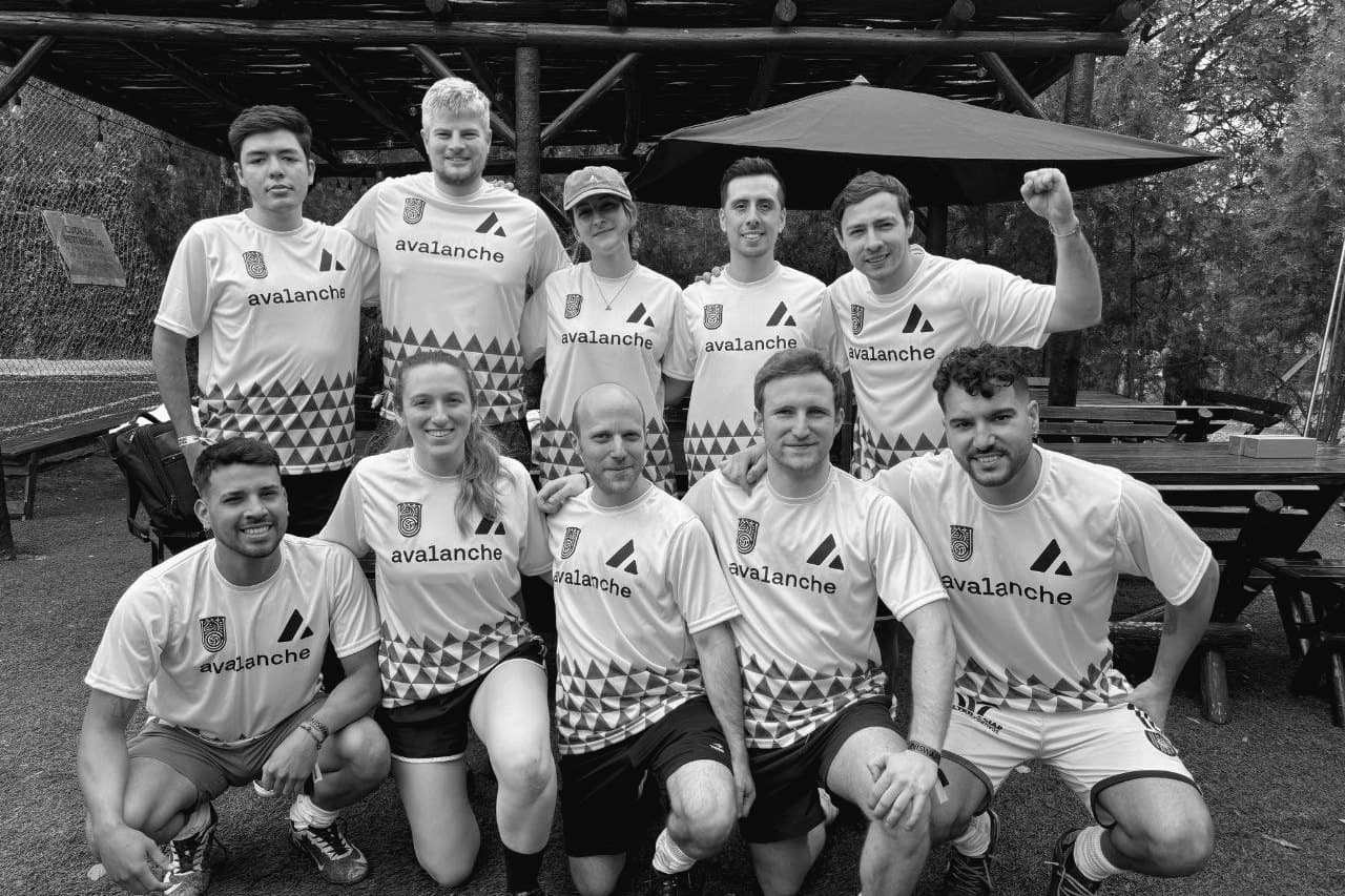 David with his football team, all in Avalanche shirts, posing on the pitch.