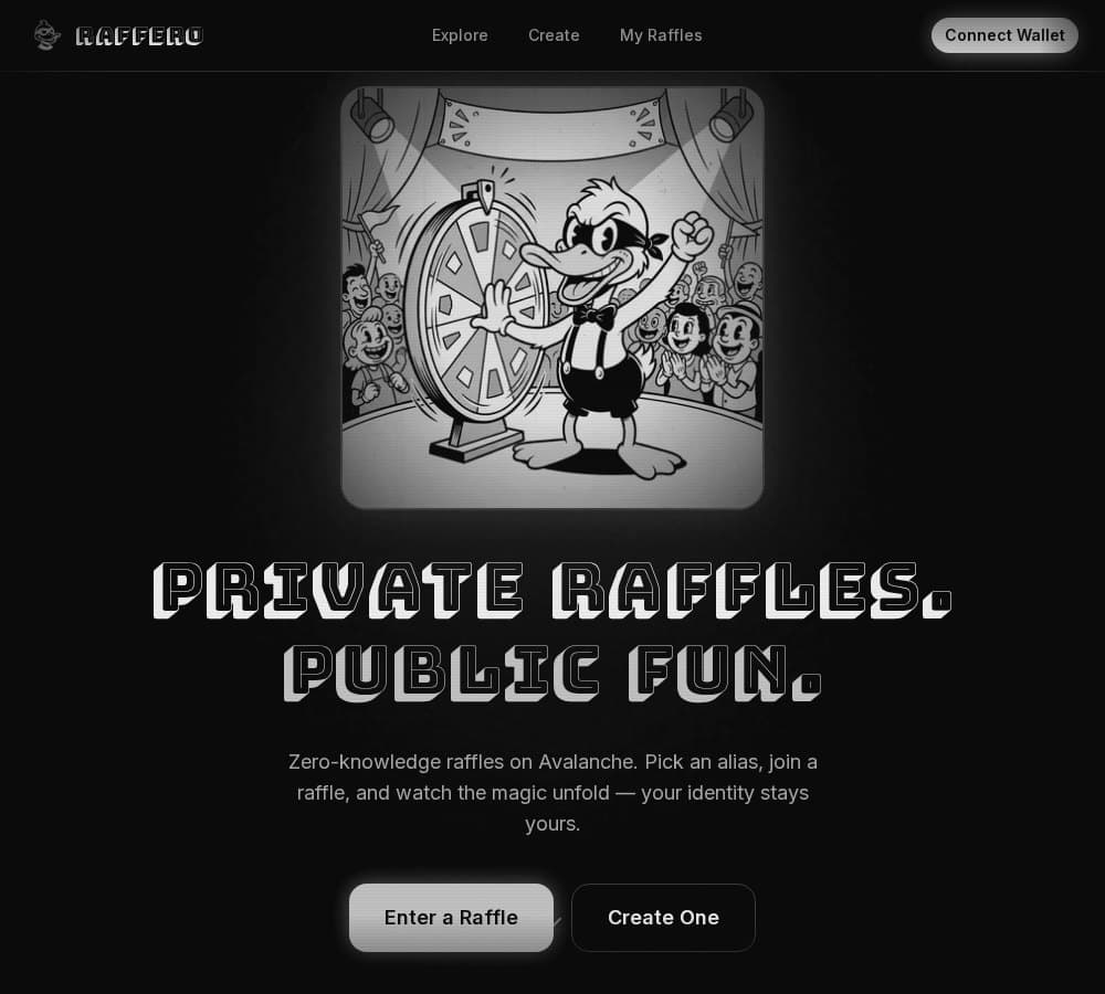 Raffero landing page, in black and white.
