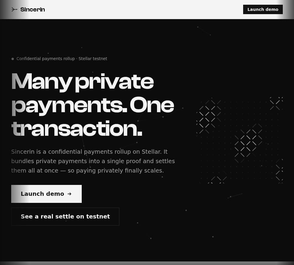 Sincerin landing page, in black and white.
