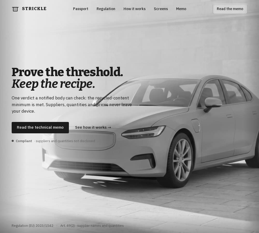 Strickle landing page, in black and white.